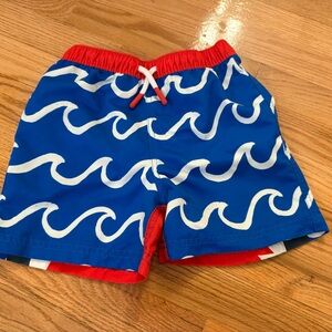 Mini Boden Blue and Red Wave Pattern Kids swim trunks size 5T